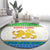 Sierra Leone Christmas Round Carpet with Festive Green Pattern, Golden Lion Emblem, and Santa Sleigh Motif - Wonder Print Shop