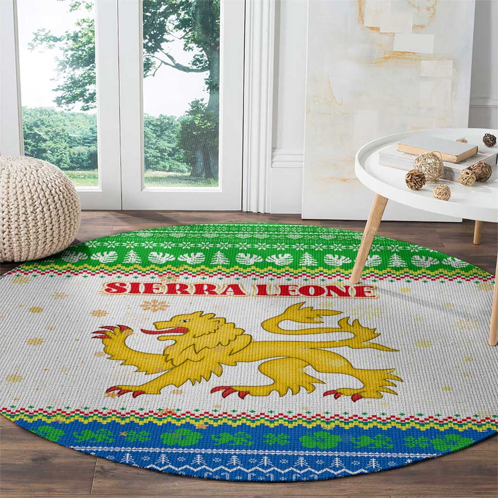 Sierra Leone Christmas Round Carpet with Festive Green Pattern, Golden Lion Emblem, and Santa Sleigh Motif - Wonder Print Shop