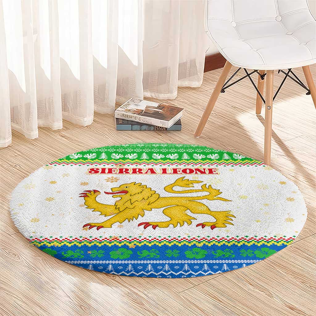 Sierra Leone Christmas Round Carpet with Festive Green Pattern, Golden Lion Emblem, and Santa Sleigh Motif - Wonder Print Shop