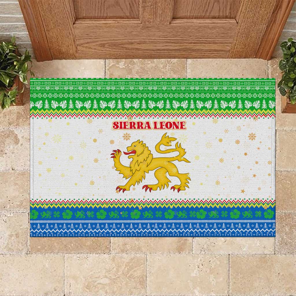 Sierra Leone Christmas Rubber Doormat with Festive Green Pattern, Golden Lion Emblem, and Santa Sleigh Motif - Wonder Print Shop