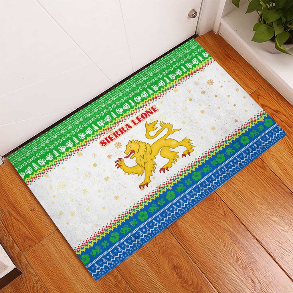 Sierra Leone Christmas Rubber Doormat with Festive Green Pattern, Golden Lion Emblem, and Santa Sleigh Motif - Wonder Print Shop