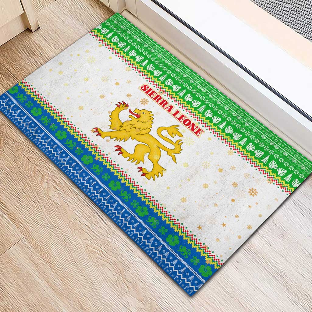 Sierra Leone Christmas Rubber Doormat with Festive Green Pattern, Golden Lion Emblem, and Santa Sleigh Motif - Wonder Print Shop
