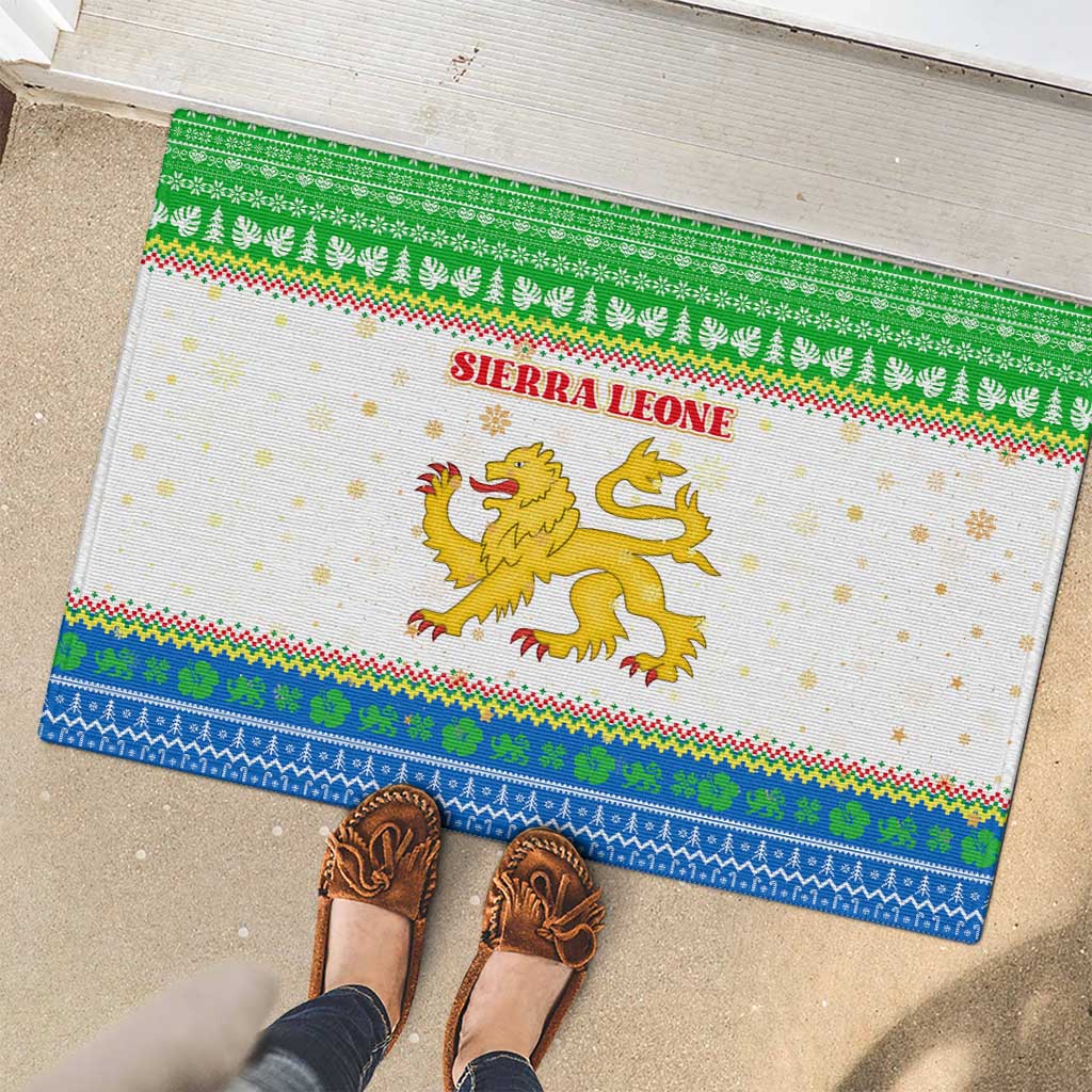 Sierra Leone Christmas Rubber Doormat with Festive Green Pattern, Golden Lion Emblem, and Santa Sleigh Motif - Wonder Print Shop