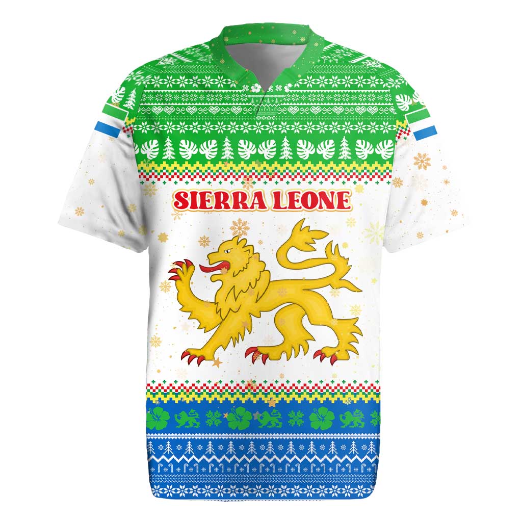 Sierra Leone Christmas Rugby Jersey with Festive Green Pattern, Golden Lion Emblem, and Santa Sleigh Motif - Wonder Print Shop