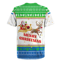 Sierra Leone Christmas Rugby Jersey with Festive Green Pattern, Golden Lion Emblem, and Santa Sleigh Motif - Wonder Print Shop