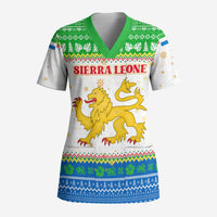Sierra Leone Christmas Scrub Top with Festive Green Pattern, Golden Lion Emblem, and Santa Sleigh Motif - Wonder Print Shop