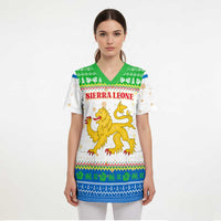 Sierra Leone Christmas Scrub Top with Festive Green Pattern, Golden Lion Emblem, and Santa Sleigh Motif - Wonder Print Shop