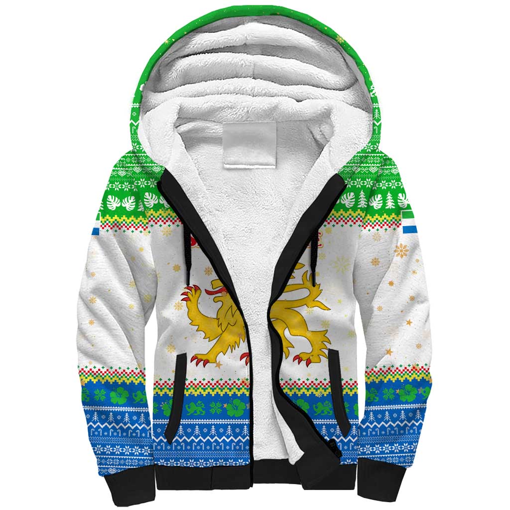 Sierra Leone Christmas Sherpa Hoodie with Festive Green Pattern, Golden Lion Emblem, and Santa Sleigh Motif - Wonder Print Shop