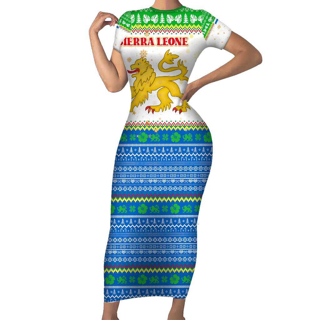 Sierra Leone Christmas Short Sleeve Bodycon Dress with Festive Green Pattern, Golden Lion Emblem, and Santa Sleigh Motif - Wonder Print Shop