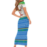 Sierra Leone Christmas Short Sleeve Bodycon Dress with Festive Green Pattern, Golden Lion Emblem, and Santa Sleigh Motif - Wonder Print Shop