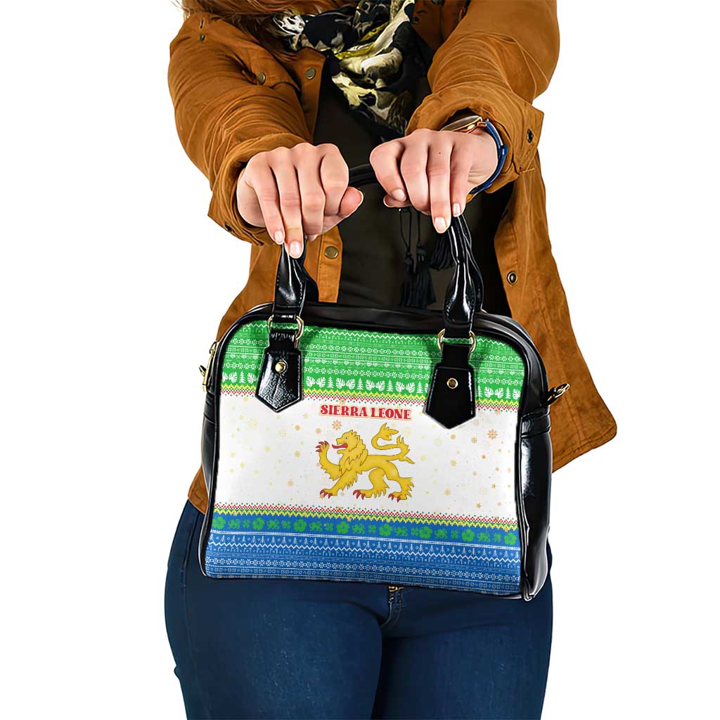 Sierra Leone Christmas Shoulder Handbag with Festive Green Pattern, Golden Lion Emblem, and Santa Sleigh Motif - Wonder Print Shop