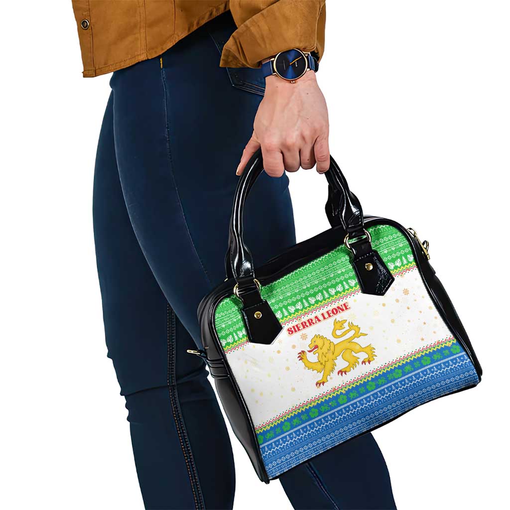 Sierra Leone Christmas Shoulder Handbag with Festive Green Pattern, Golden Lion Emblem, and Santa Sleigh Motif - Wonder Print Shop