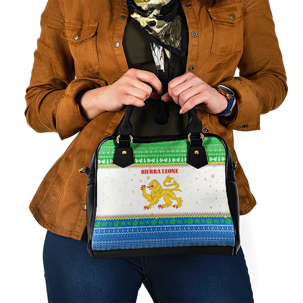 Sierra Leone Christmas Shoulder Handbag with Festive Green Pattern, Golden Lion Emblem, and Santa Sleigh Motif - Wonder Print Shop
