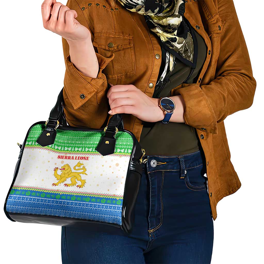 Sierra Leone Christmas Shoulder Handbag with Festive Green Pattern, Golden Lion Emblem, and Santa Sleigh Motif - Wonder Print Shop