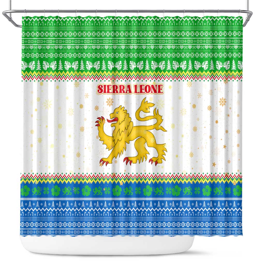 Sierra Leone Christmas Shower Curtain with Festive Green Pattern, Golden Lion Emblem, and Santa Sleigh Motif - Wonder Print Shop