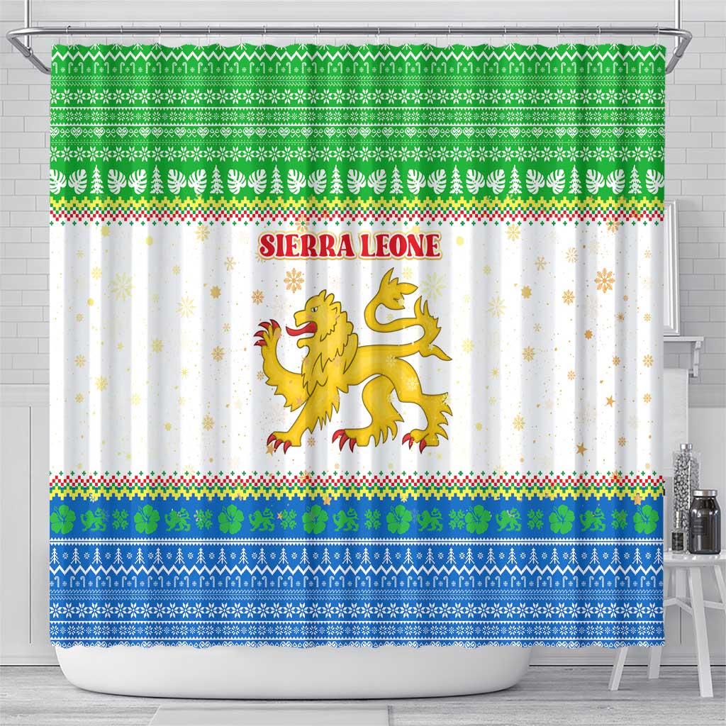 Sierra Leone Christmas Shower Curtain with Festive Green Pattern, Golden Lion Emblem, and Santa Sleigh Motif - Wonder Print Shop
