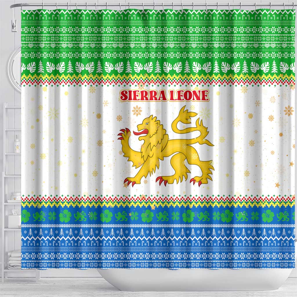 Sierra Leone Christmas Shower Curtain with Festive Green Pattern, Golden Lion Emblem, and Santa Sleigh Motif - Wonder Print Shop