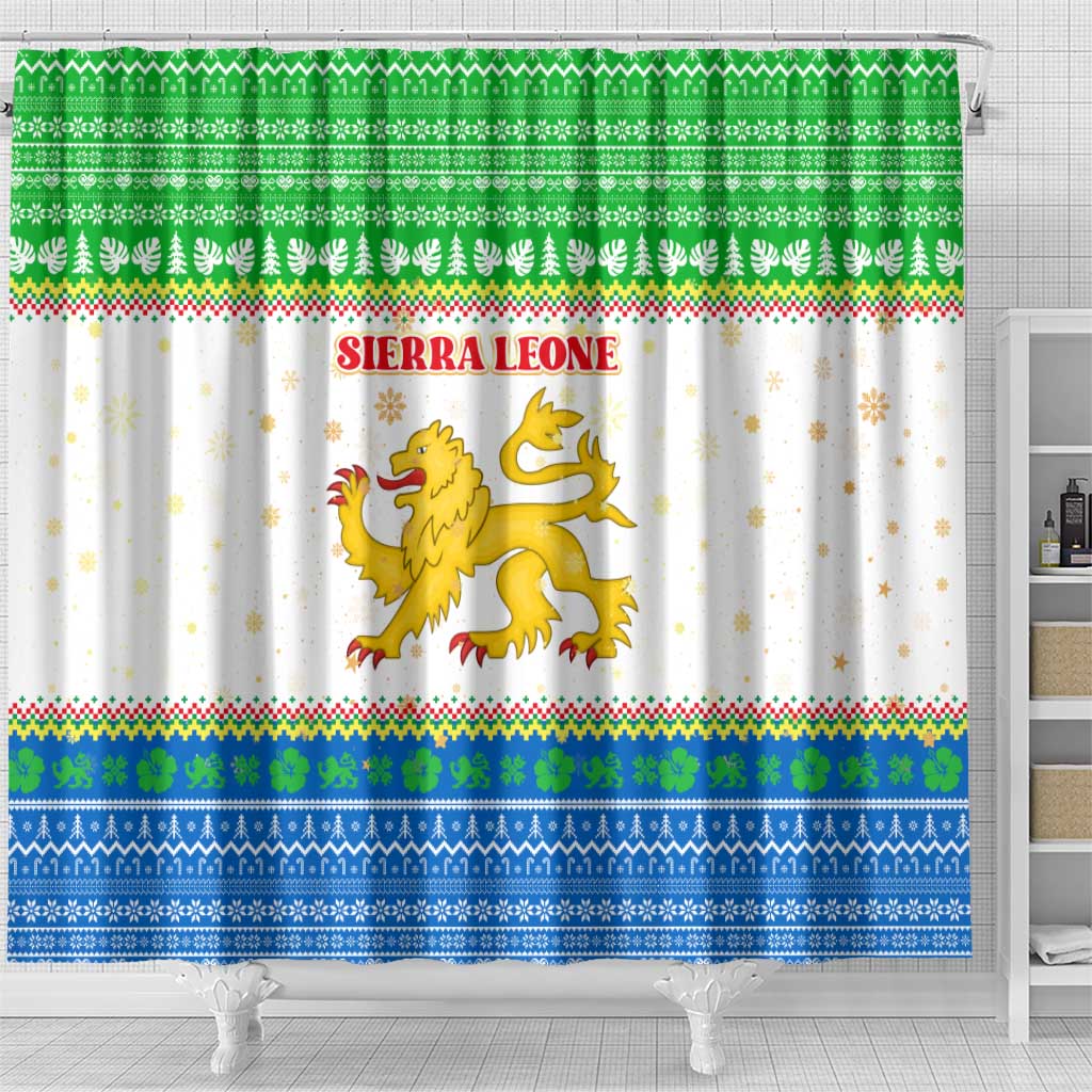 Sierra Leone Christmas Shower Curtain with Festive Green Pattern, Golden Lion Emblem, and Santa Sleigh Motif - Wonder Print Shop