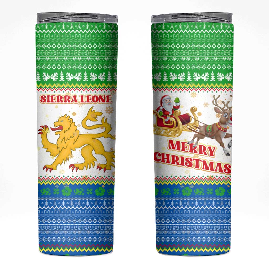 Sierra Leone Christmas Skinny Tumbler with Festive Green Pattern, Golden Lion Emblem, and Santa Sleigh Motif - Wonder Print Shop