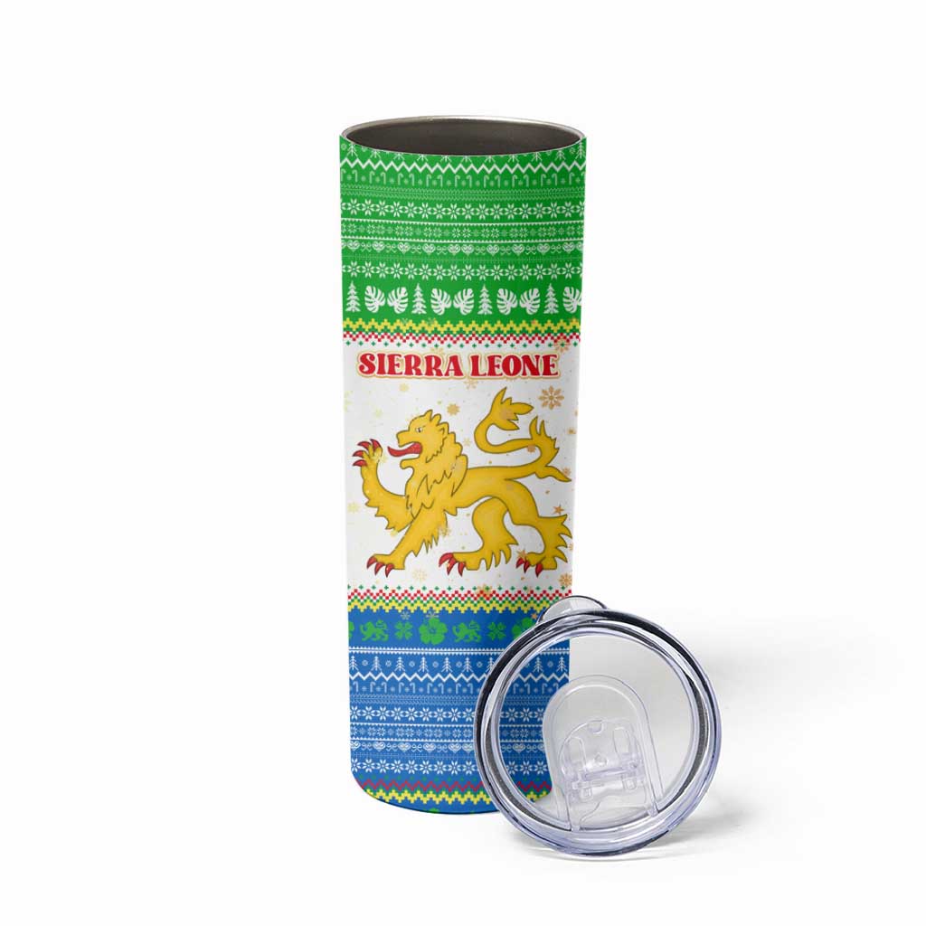 Sierra Leone Christmas Skinny Tumbler with Festive Green Pattern, Golden Lion Emblem, and Santa Sleigh Motif - Wonder Print Shop