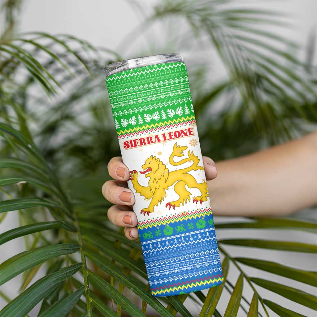 Sierra Leone Christmas Skinny Tumbler with Festive Green Pattern, Golden Lion Emblem, and Santa Sleigh Motif - Wonder Print Shop