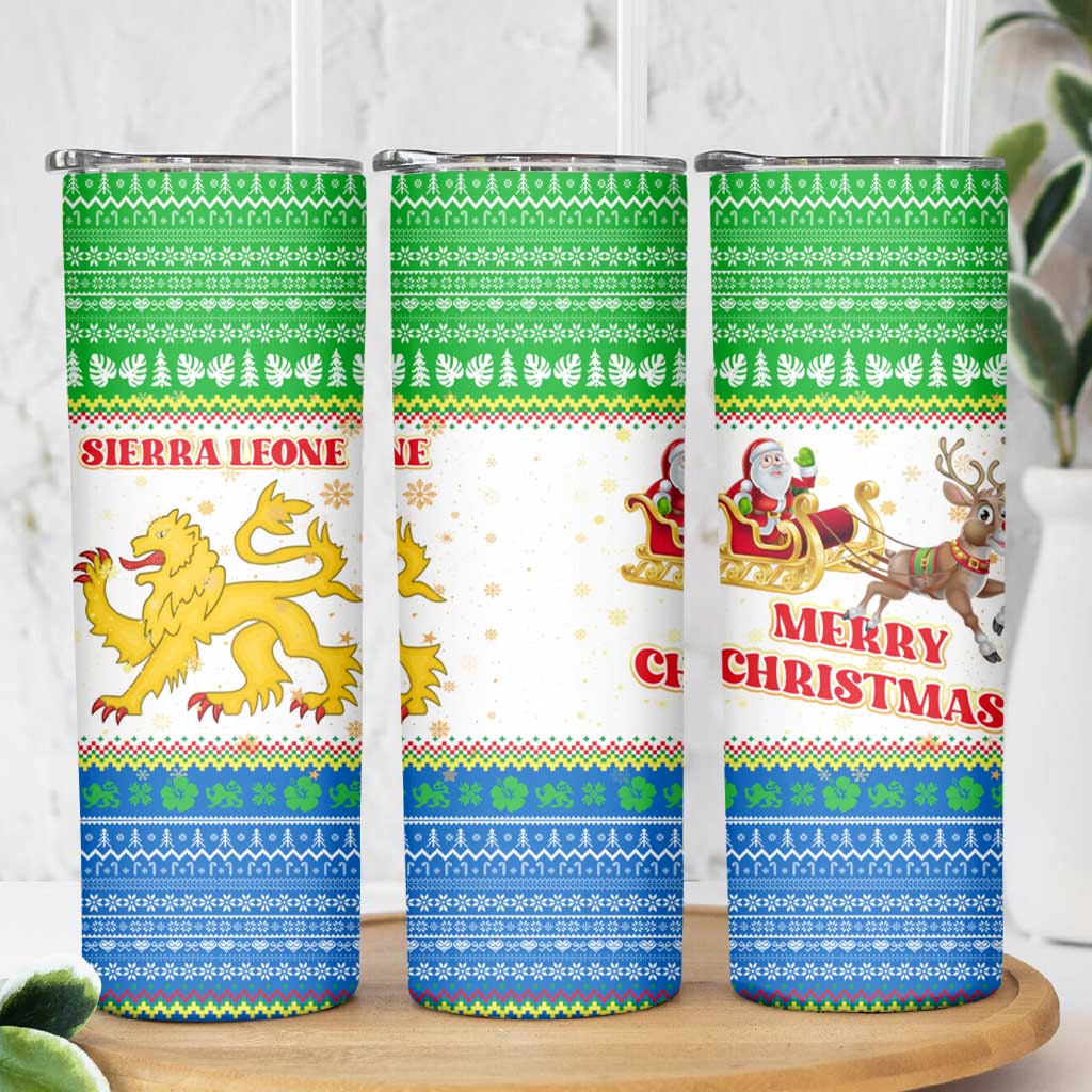 Sierra Leone Christmas Skinny Tumbler with Festive Green Pattern, Golden Lion Emblem, and Santa Sleigh Motif - Wonder Print Shop