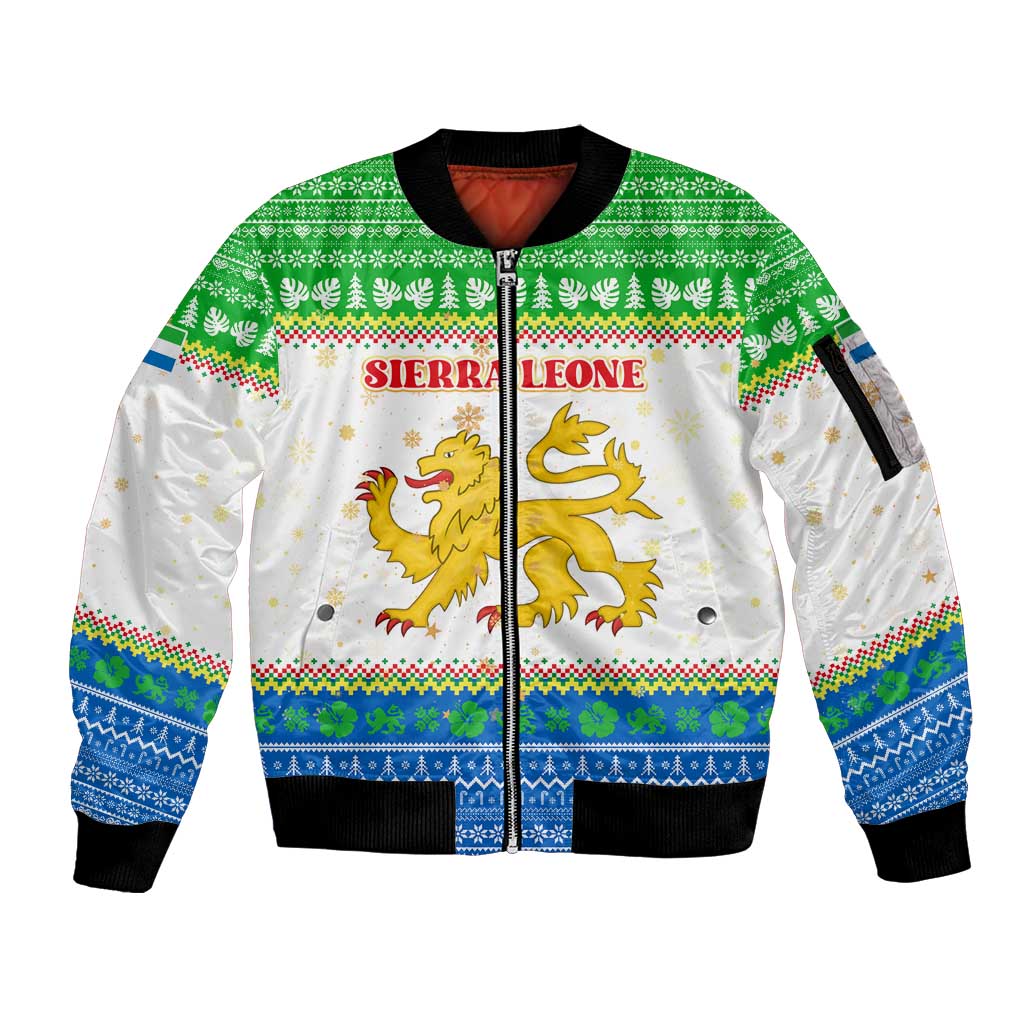 Sierra Leone Christmas Sleeve Zip Bomber Jacket with Festive Green Pattern, Golden Lion Emblem, and Santa Sleigh Motif - Wonder Print Shop