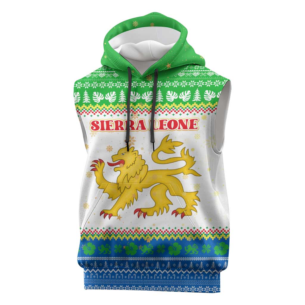 Sierra Leone Christmas Sleeveless Hoodie with Festive Green Pattern, Golden Lion Emblem, and Santa Sleigh Motif - Wonder Print Shop