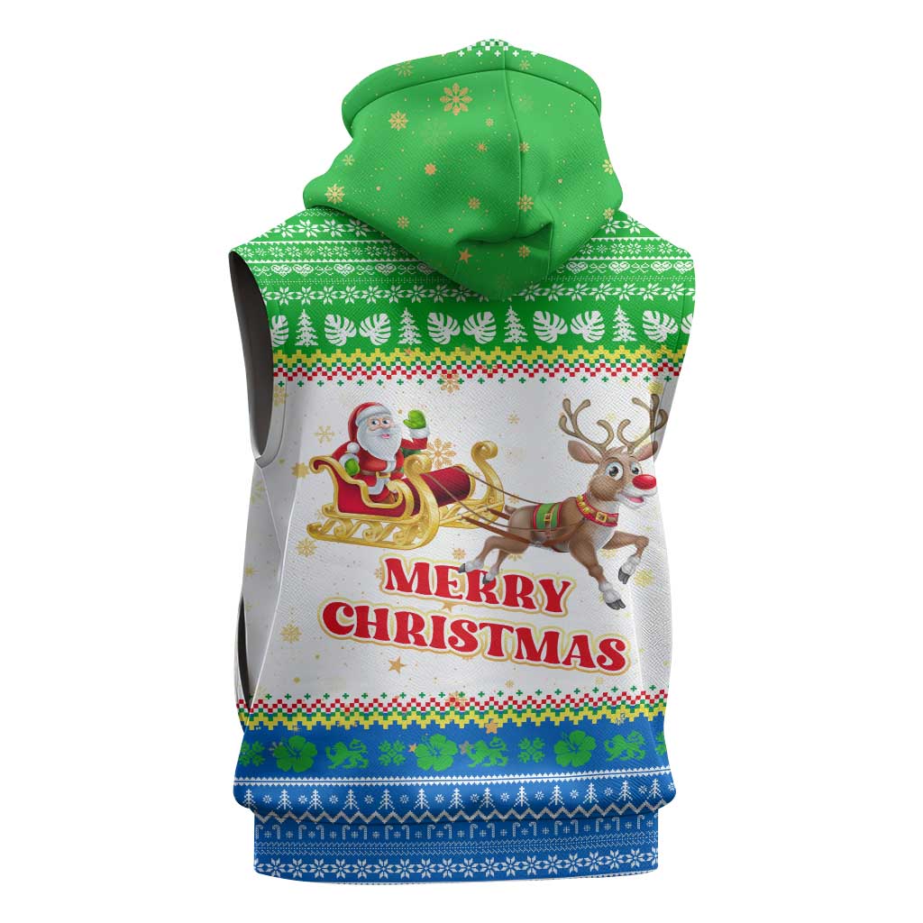 Sierra Leone Christmas Sleeveless Hoodie with Festive Green Pattern, Golden Lion Emblem, and Santa Sleigh Motif - Wonder Print Shop