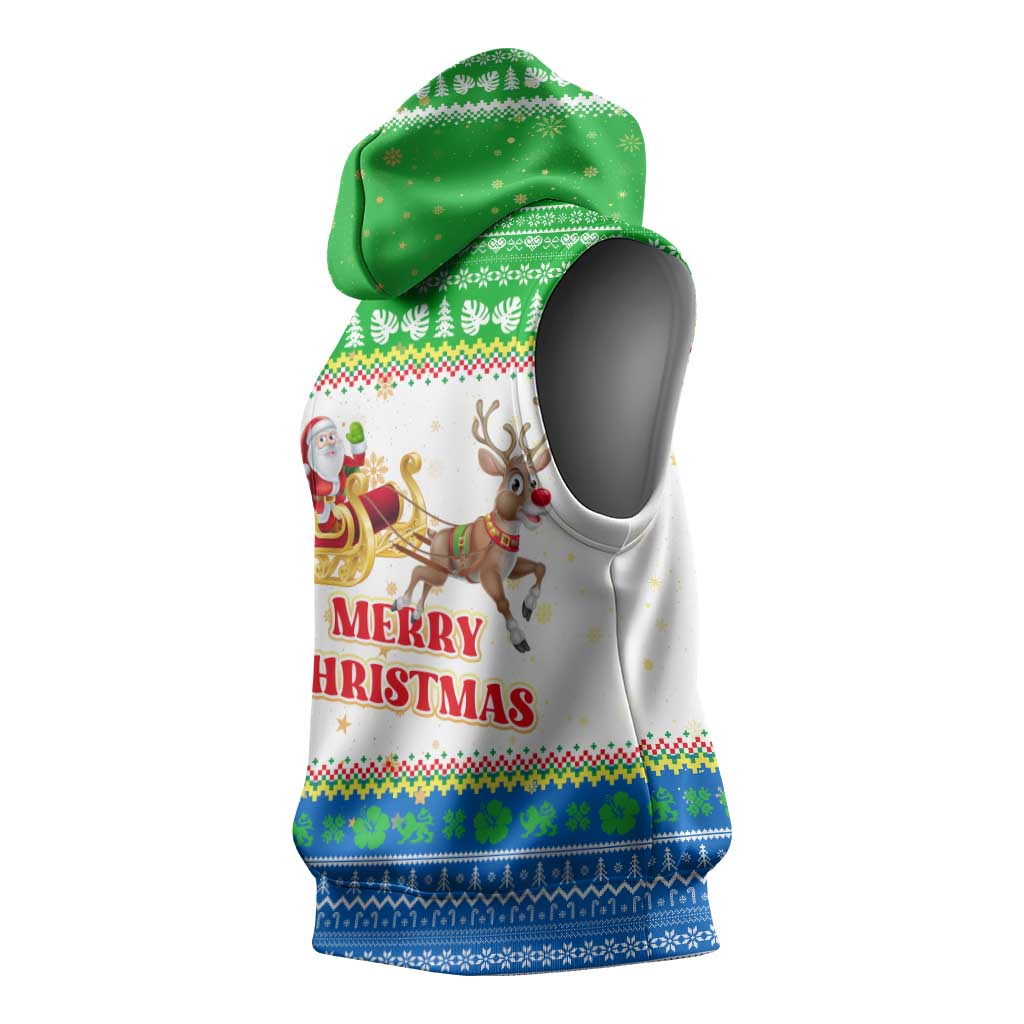 Sierra Leone Christmas Sleeveless Hoodie with Festive Green Pattern, Golden Lion Emblem, and Santa Sleigh Motif - Wonder Print Shop