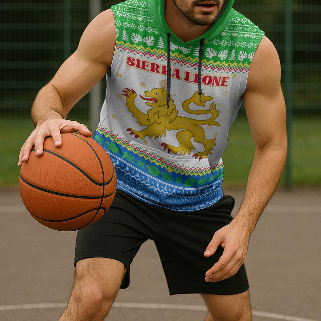 Sierra Leone Christmas Sleeveless Hoodie with Festive Green Pattern, Golden Lion Emblem, and Santa Sleigh Motif - Wonder Print Shop