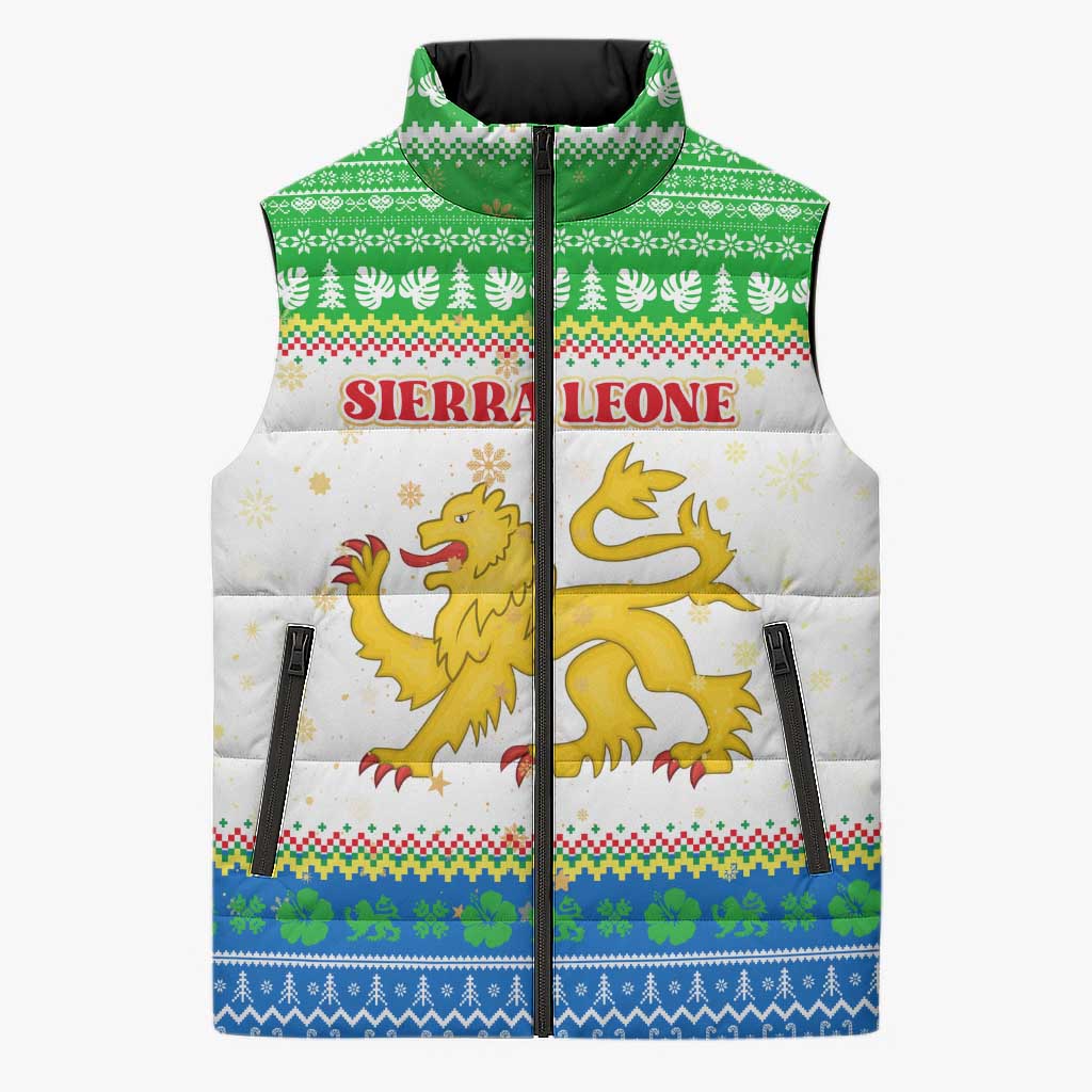 Sierra Leone Christmas Sleeveless Puffer Jacket with Festive Green Pattern, Golden Lion Emblem, and Santa Sleigh Motif - Wonder Print Shop