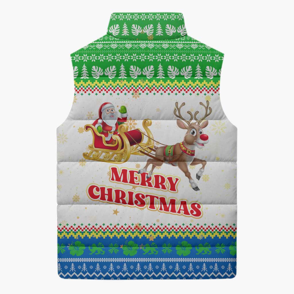 Sierra Leone Christmas Sleeveless Puffer Jacket with Festive Green Pattern, Golden Lion Emblem, and Santa Sleigh Motif - Wonder Print Shop