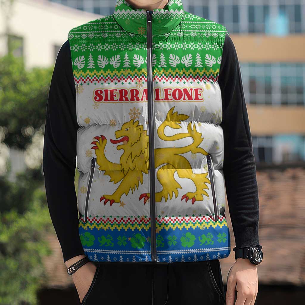 Sierra Leone Christmas Sleeveless Puffer Jacket with Festive Green Pattern, Golden Lion Emblem, and Santa Sleigh Motif - Wonder Print Shop