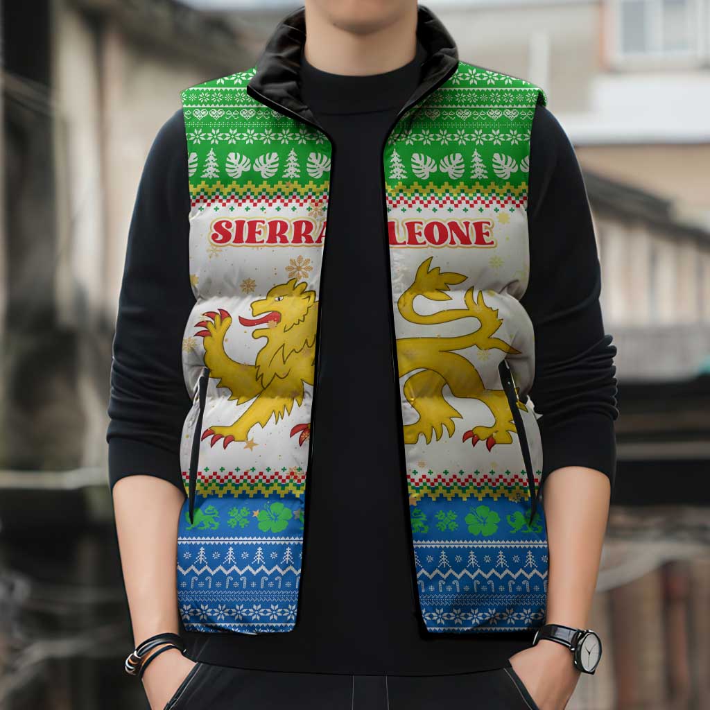 Sierra Leone Christmas Sleeveless Puffer Jacket with Festive Green Pattern, Golden Lion Emblem, and Santa Sleigh Motif - Wonder Print Shop