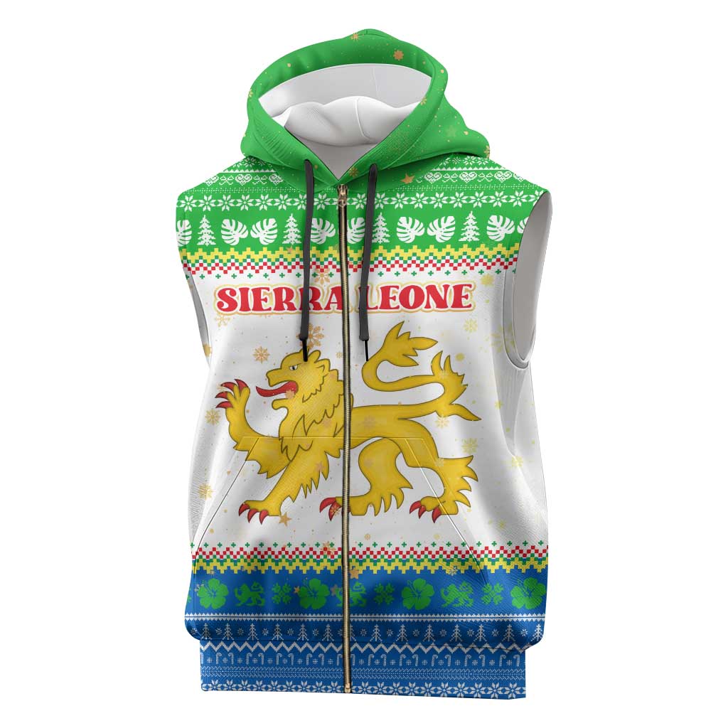 Sierra Leone Christmas Sleeveless Zip Hoodie with Festive Green Pattern, Golden Lion Emblem, and Santa Sleigh Motif - Wonder Print Shop