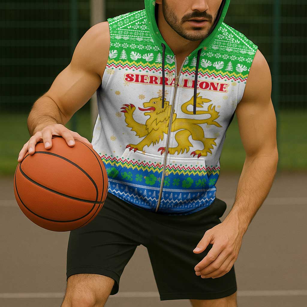 Sierra Leone Christmas Sleeveless Zip Hoodie with Festive Green Pattern, Golden Lion Emblem, and Santa Sleigh Motif - Wonder Print Shop