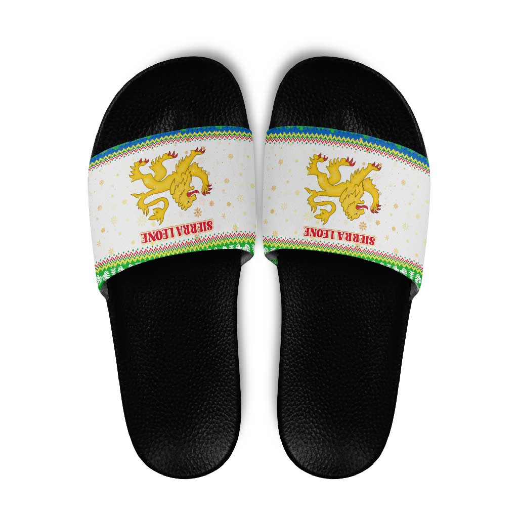 Sierra Leone Christmas Slide Sandals with Festive Green Pattern, Golden Lion Emblem, and Santa Sleigh Motif - Wonder Print Shop