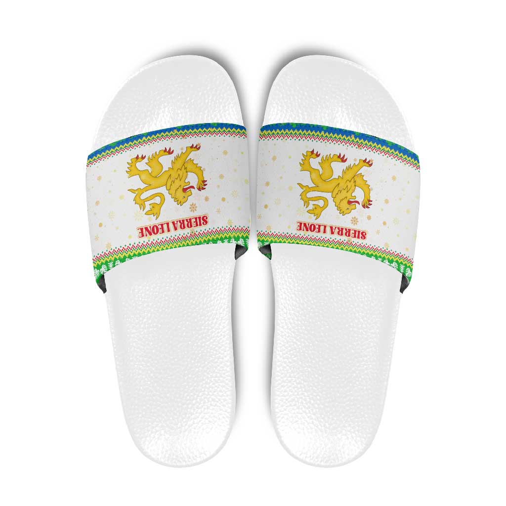 Sierra Leone Christmas Slide Sandals with Festive Green Pattern, Golden Lion Emblem, and Santa Sleigh Motif - Wonder Print Shop