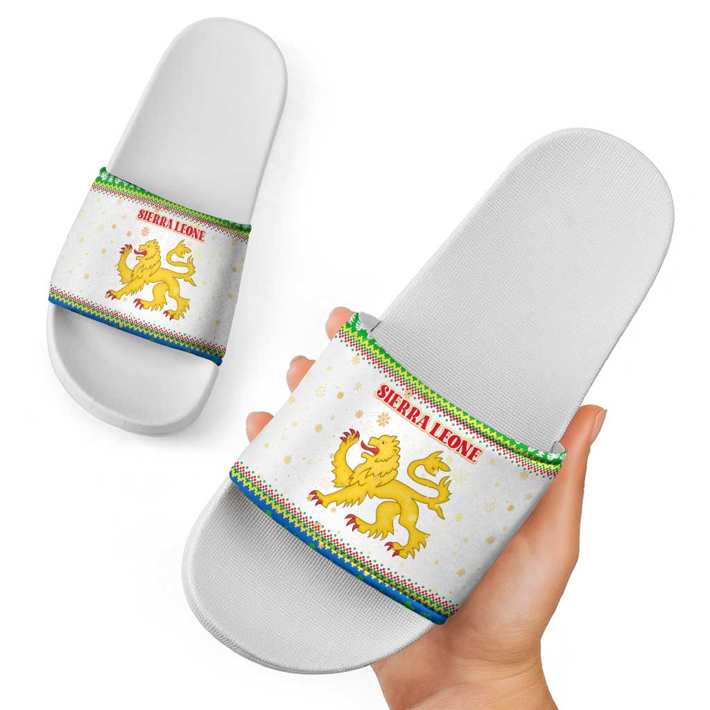 Sierra Leone Christmas Slide Sandals with Festive Green Pattern, Golden Lion Emblem, and Santa Sleigh Motif - Wonder Print Shop