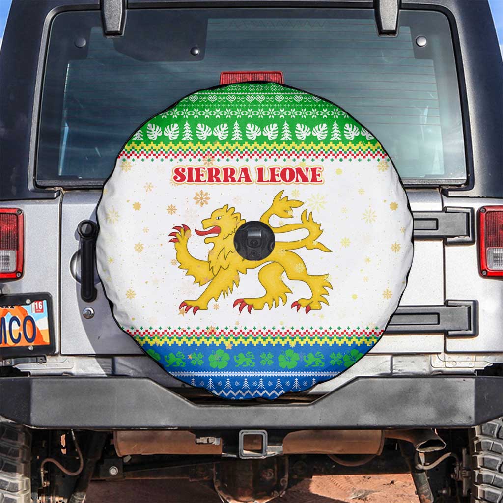 Sierra Leone Christmas Spare Tire Cover with Festive Green Pattern, Golden Lion Emblem, and Santa Sleigh Motif - Wonder Print Shop