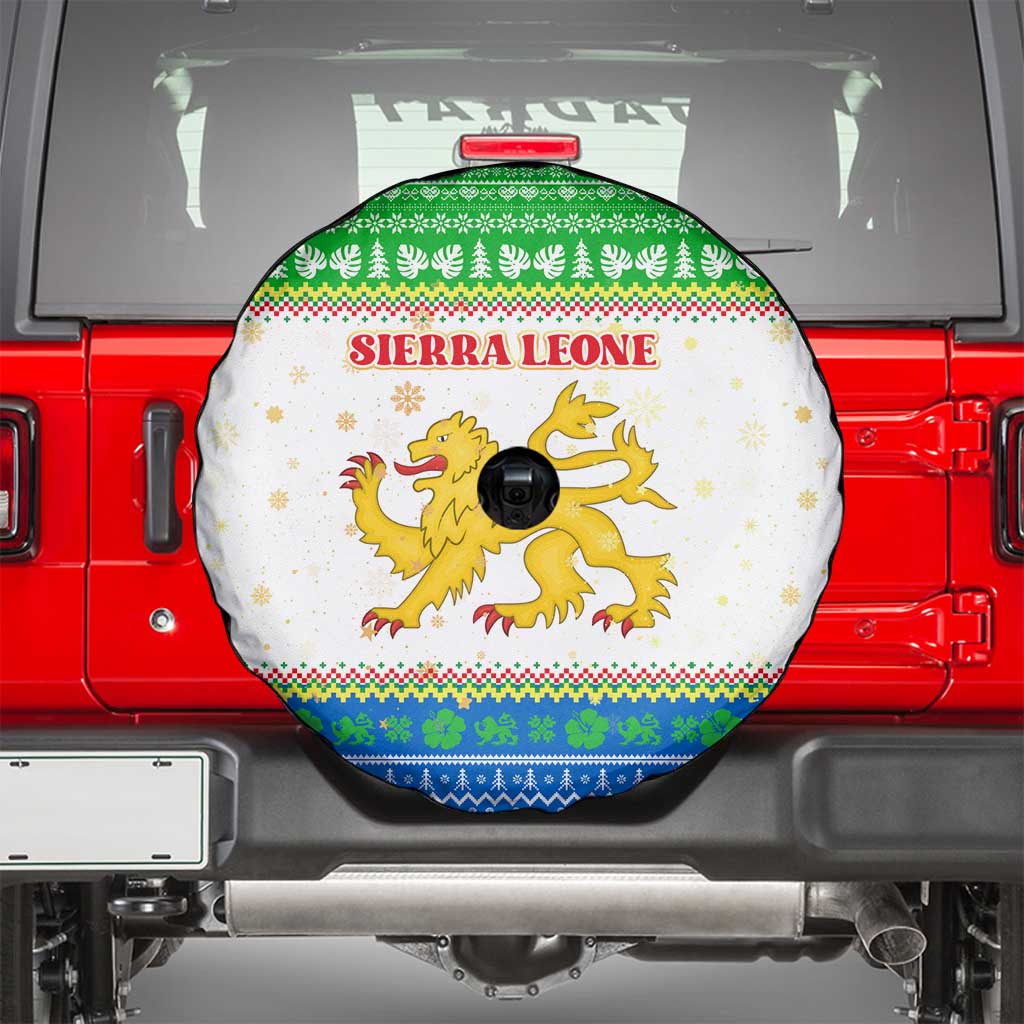 Sierra Leone Christmas Spare Tire Cover with Festive Green Pattern, Golden Lion Emblem, and Santa Sleigh Motif - Wonder Print Shop