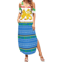 Sierra Leone Christmas Summer Maxi Dress with Festive Green Pattern, Golden Lion Emblem, and Santa Sleigh Motif - Wonder Print Shop
