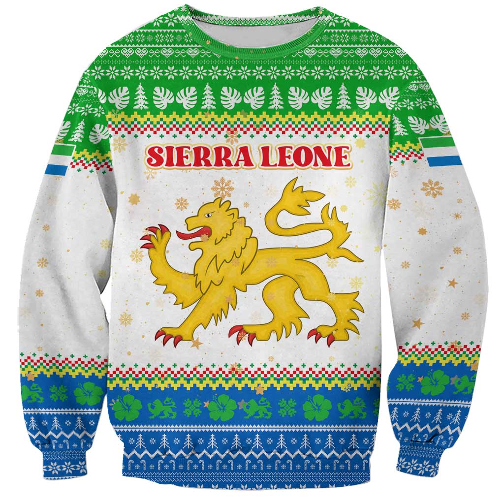 Sierra Leone Christmas Sweatshirt with Festive Green Pattern, Golden Lion Emblem, and Santa Sleigh Motif - Wonder Print Shop
