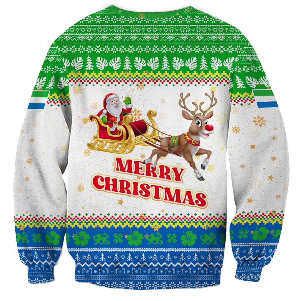 Sierra Leone Christmas Sweatshirt with Festive Green Pattern, Golden Lion Emblem, and Santa Sleigh Motif - Wonder Print Shop