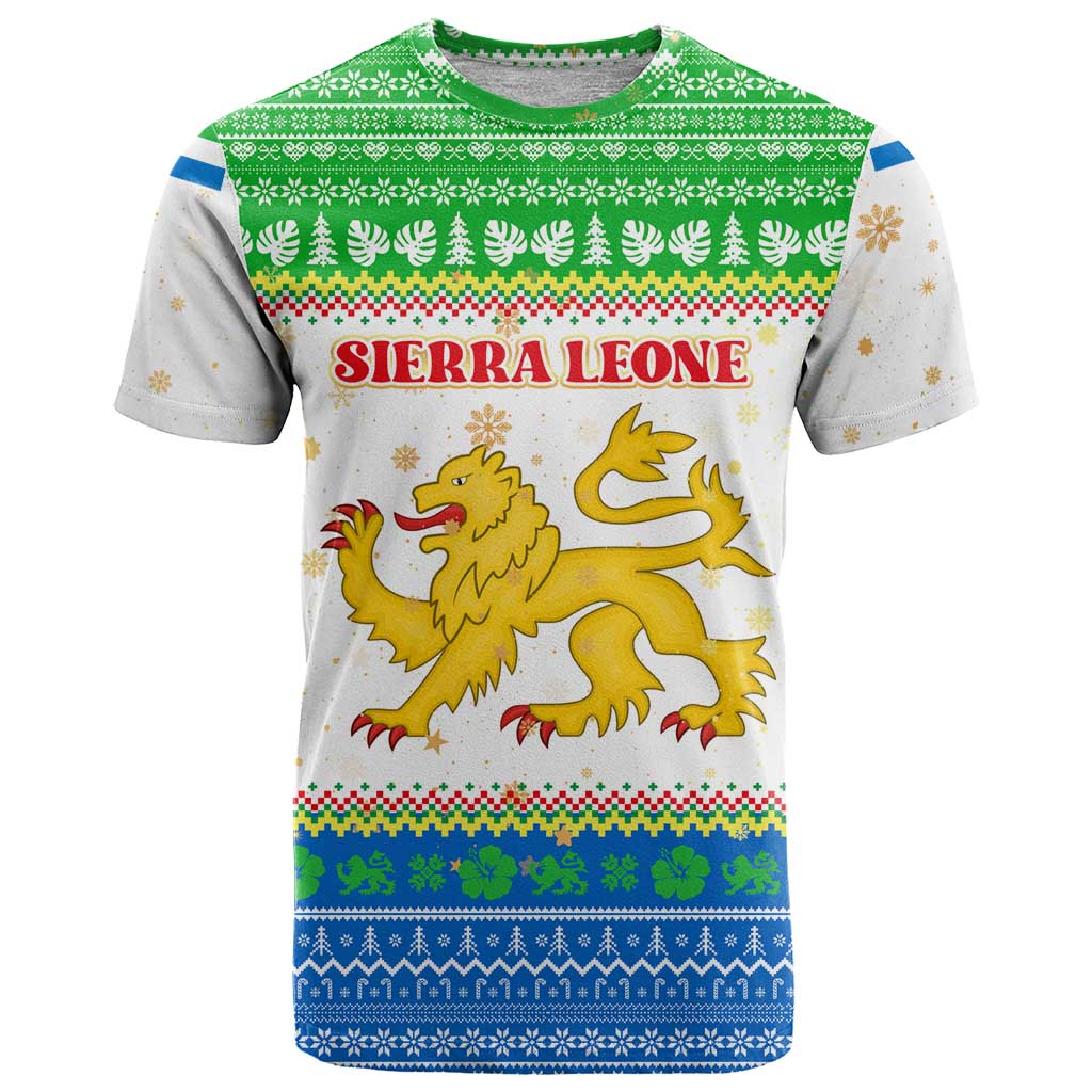 Sierra Leone Christmas T Shirt with Festive Green Pattern, Golden Lion Emblem, and Santa Sleigh Motif - Wonder Print Shop