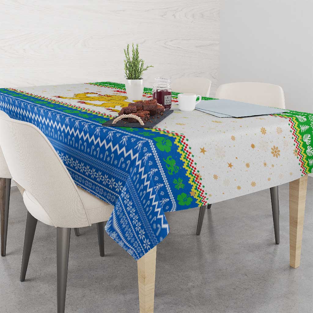 Sierra Leone Christmas Tablecloth with Festive Green Pattern, Golden Lion Emblem, and Santa Sleigh Motif - Wonder Print Shop