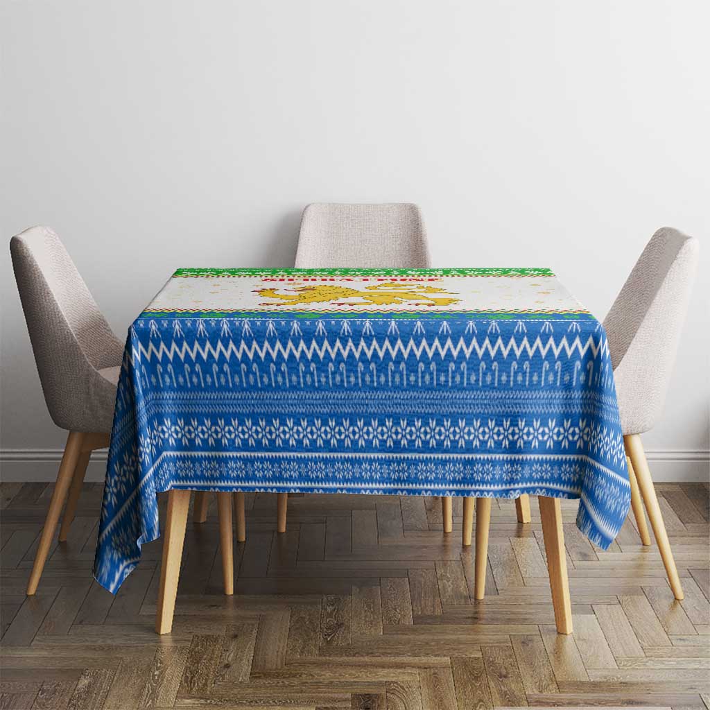 Sierra Leone Christmas Tablecloth with Festive Green Pattern, Golden Lion Emblem, and Santa Sleigh Motif - Wonder Print Shop
