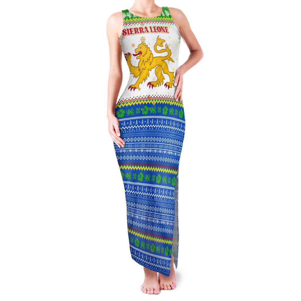 Sierra Leone Christmas Tank Maxi Dress with Festive Green Pattern, Golden Lion Emblem, and Santa Sleigh Motif - Wonder Print Shop