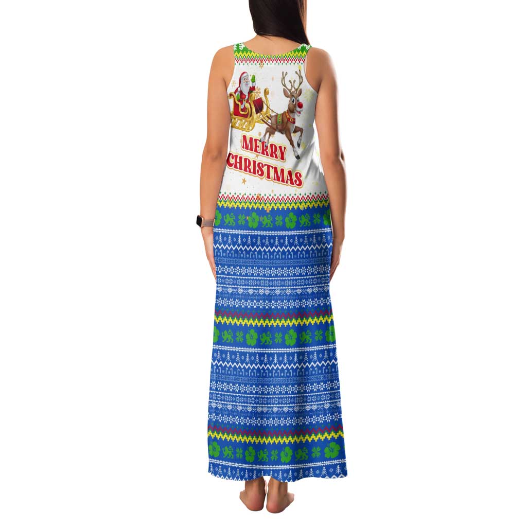 Sierra Leone Christmas Tank Maxi Dress with Festive Green Pattern, Golden Lion Emblem, and Santa Sleigh Motif - Wonder Print Shop